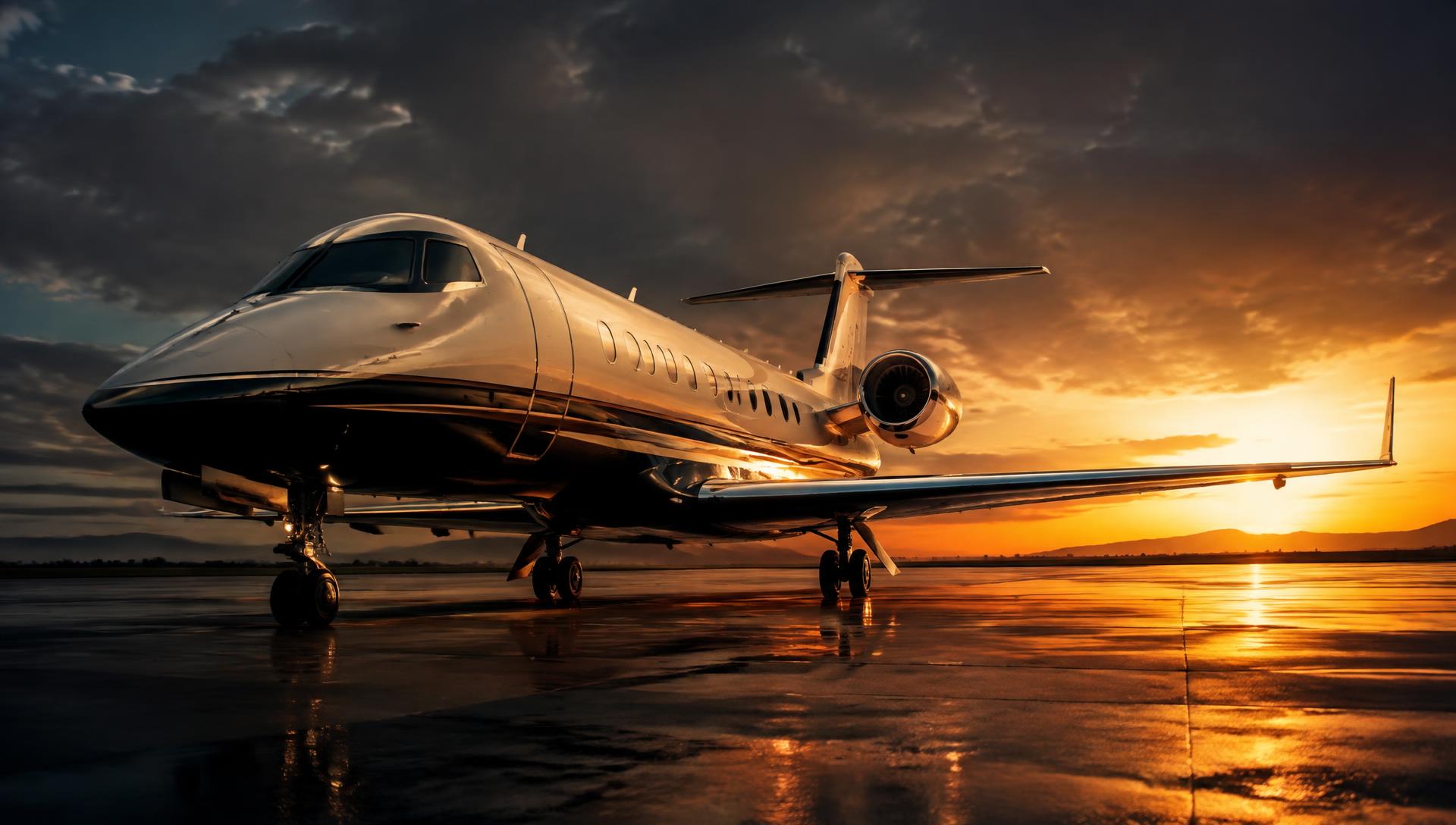 Private jet at sunset